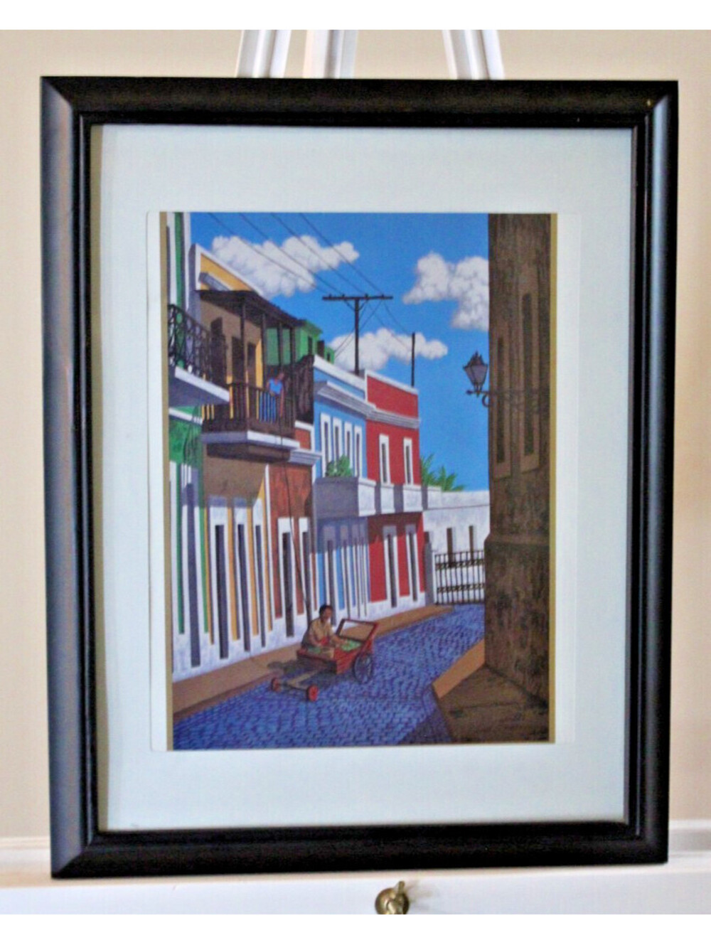 Vtg Luis Cajiga Puerto Rico Fruit Cart in Old San Juan Print Mat/Frame 11x14
